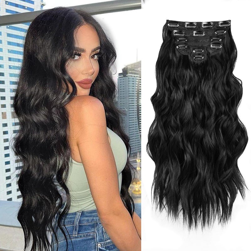 NAYOO Clip in Hair Extensions for Women 20 Inch Long Wavy Curly Natural Black Hairpieces Full Head Synthetic Hair Hairpieces6PCSNatural Black